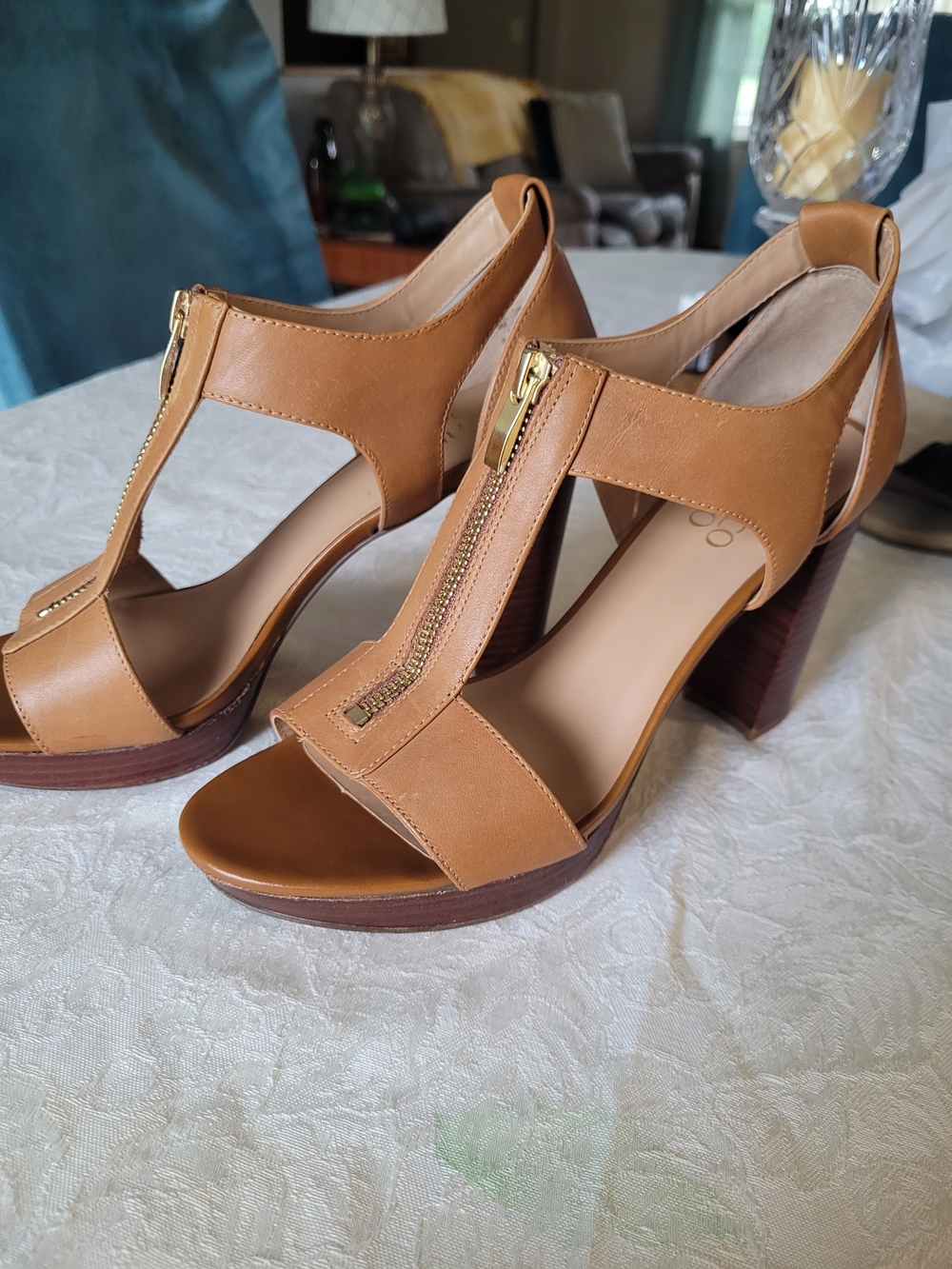 Franco Sarto Cognac T-Strap Block Heel Sandals with Gold Zip Accent